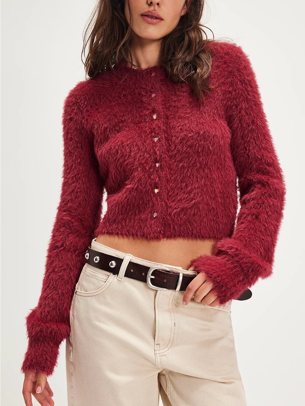 Free People Sweet Nothings Fuzzy Eyelash Knit Heart Button Cardigan Red Berry